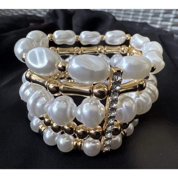 Lilly Pulitzer CZ Cuff Bracelet Gold-tone Rhinestone Faux Pearls Stretch NWT - Picture 6 of 12